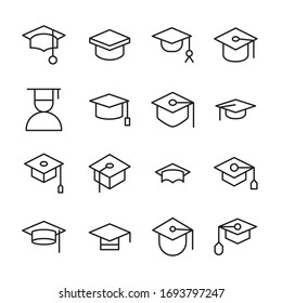 Set of graduation hat related vector line icons. Premium linear symbols pack. Vector illustration isolated on a white background. Web symbols for web sites and mobile app. Trendy design. 
