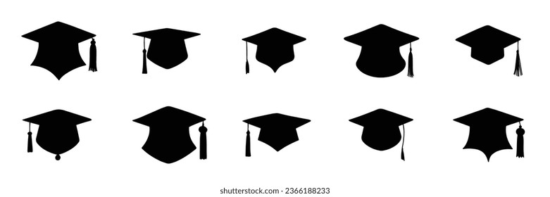 Conjunto de silueta de sombrero de graduación aislada sobre fondo blanco. Ilustración vectorial.