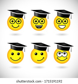 Set of graduation icons. Class Off logotype. Isolated abstract graphic design template. White paper sticker, smile signs with glasses. Creative 3D symbol. Internet messenger emblems with academic hat.