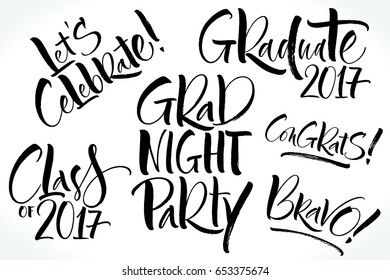 Set of graduation labels. Hand drawn lettering for graduation design, congratulation event, party, or photo overlays. Modern calligraphy, brush painted letters. Vector illustration.