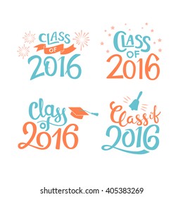 Set of graduation labels. Vector isolated elements for graduation design, congratulation event, party, high school or college graduate. Hand drawn lettering Class of 2016 for greeting, invitation card