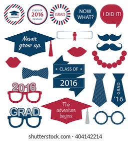 Set for graduation party. Class of 2016. Vector decoration elements. Graduation theme for high school or college graduation, announcements and invitations, wall decoration.
