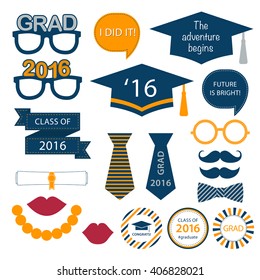 Set for graduation party. Class of 2016. Vector decoration elements. Graduation theme for high school or college graduation, announcements and invitations, wall decoration.