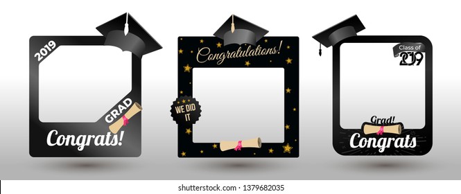 Set of graduation party photo booth props. Concept for selfie. Frame with cap for grads. Congradulation grad quote. Vector illustration. Isolated on white background.