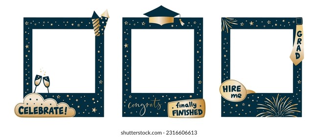 Conjunto de accesorios de cabina de fotos de la fiesta de graduación. Marcos con texto escrito de felicitaciones. Elemento vector de fotobatón. Concepto de selfie. Felicidades por la cita grandiosa. Decoración dorada y negra para la celebración. 