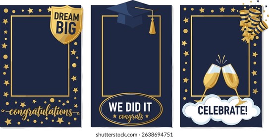 Set of Graduation party photo booth props. Frames with congratulations lettering text. Photobooth vector element. Concept for selfie. Congrats grad quote. Gold and black decoration for celebration