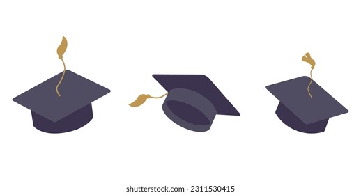 Set of graduation square hat. Education cap collection. Graduation cap isolated on the background. Vector illustration