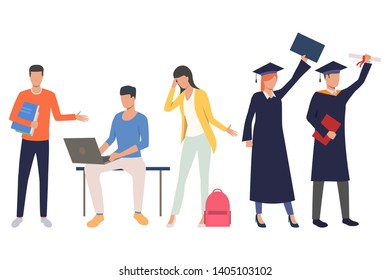 Set of graduation students. Crowd of female and male cartoon characters preparing for exam. Vector illustration for presentation, commercial, promo