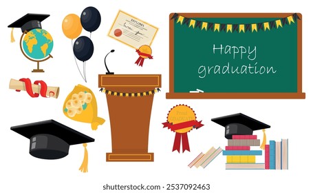 Satz von Graduierungselementen im Cartoon-Stil.Vektorgrafik einer Tafel mit der Aufschrift Happy Graduation, Diplom, Bälle, Blumen, Globus, Hut, Stapel von Büchern einzeln auf weißem Hintergrund.