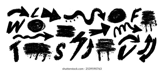 Set graffiti with arrows, splatter and dripping ink. Rough urban emphasis tag lines with splash spray and letters. Vector illustration symbols punk, arrows, letters.