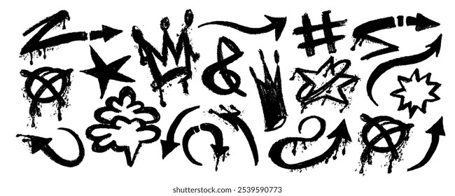 Set graffiti with arrows, splatter and dripping ink. Rough urban emphasis tag lines with splash spray and crown, star, cloud. Vector illustration symbols punk, arrows. 