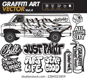 Un conjunto de vector de arte del graffiti. Herramientas de graffiti y diseños de stickers. Arte callejero urbano