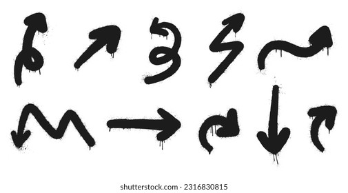 Set graffiti clip art. Urban street style. Collection of arrows. Splash effects and drops. Grunge and spray texture. 