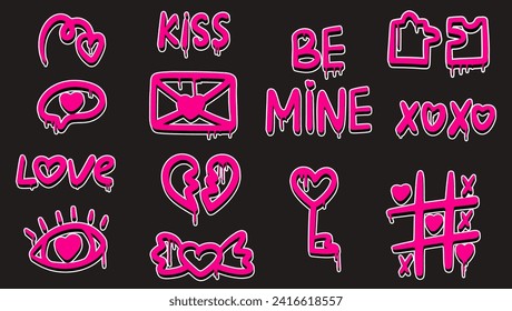 Set graffiti clip art. Urban street style. Valentine day elements. Y2k love set. Collection of heart, puzzle, eye, speech bubble, mail, tic tac toe. Splash effects and drops. Grunge and spray texture.