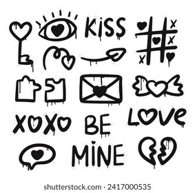 Set graffiti clip art. Urban street style. Valentine day elements. Y2k love set. Collection of heart, puzzle, eye, speech bubble, mail, tic tac toe. Splash effects and drops. Grunge and spray texture.