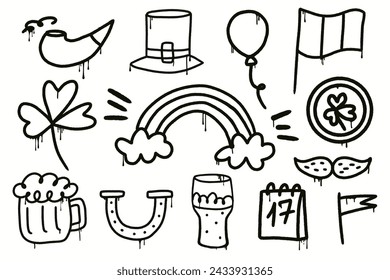 Set graffiti clip art. Y2k Urban street style. St. Patrick's day elements.Collection of symbols, beer mug, horseshoe, smoking pipe, mustache, shamrock . Splash effects and drops. Grunge and spray.