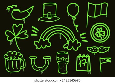 Set graffiti clip art. Y2k Urban street style. St. Patrick's day elements.Collection of symbols, beer mug, horseshoe, smoking pipe, mustache, shamrock . Splash effects and drops. Grunge and spray.