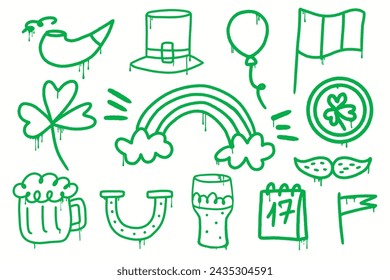 Set graffiti clip art. Y2k Urban street style. St. Patrick's day elements.Collection of symbols, beer mug, horseshoe, smoking pipe, mustache, shamrock . Splash effects and drops. Grunge and spray.