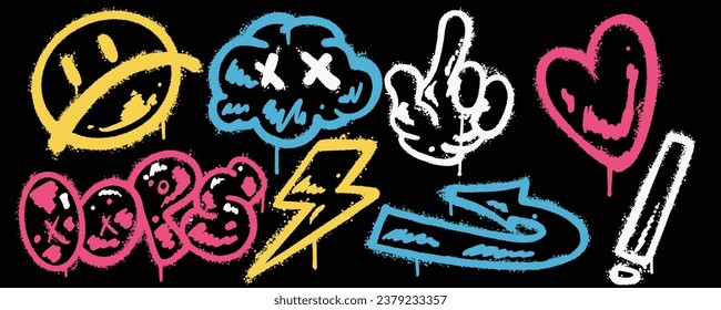 Set graffiti color spray paint. Collection of sad emoticon, cloud, finger, love, oops, lightning, arrow, exclamation mark  Isolated Vector
