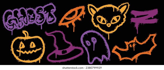 Set graffiti color spray paint. Collection of ghost, eye, pumpkin, bat, wizards hat Isolated Vector