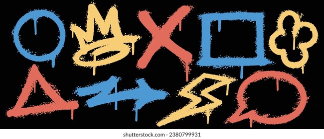 Set graffiti color spray paint. Collection of circle, square, lightning, triangle Isolated Vector