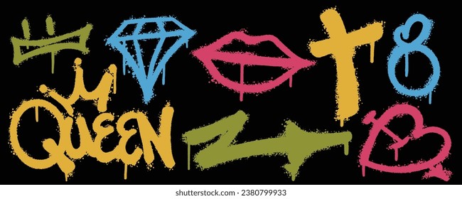Set graffiti color spray paint. Collection of diamond, lips, love, arrow, queen  Isolated Vector svg