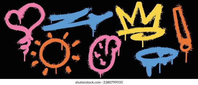 Set graffiti color spray paint. Collection of love, arrow, crown, angel, sun Isolated Vector