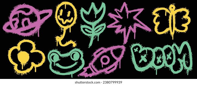 Set graffiti color spray paint. Collection of flower, butterfly, boom, rocket, frog Isolated Vector