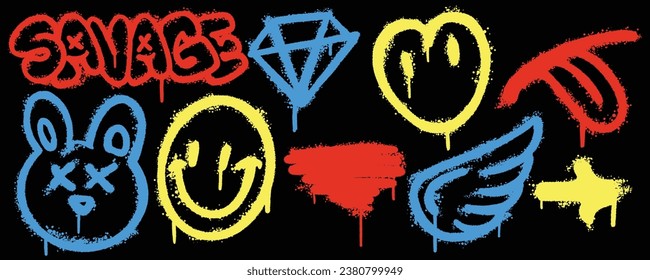 Set graffiti color spray paint. Collection of savage, diamond, wing, smile, arrow Isolated Vector