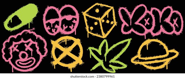 Set graffiti color spray paint. Collection of eyes, dice cube, planet saturn, weed Isolated Vector