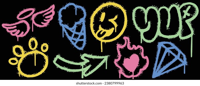 Set graffiti color spray paint. Collection of wings, ice cream, yup, diamond, paw  Isolated Vector