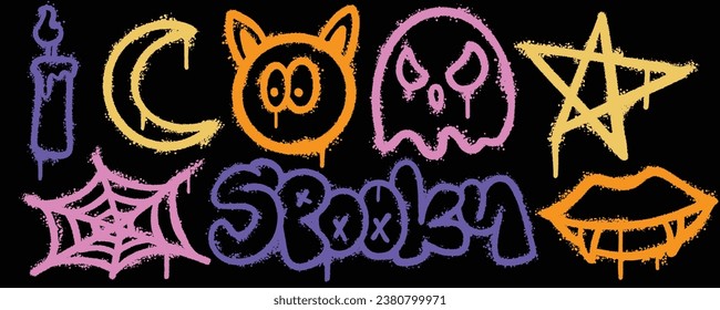 Set graffiti color spray paint. Collection of candle, moon, star, spooky, spider web Isolated Vector