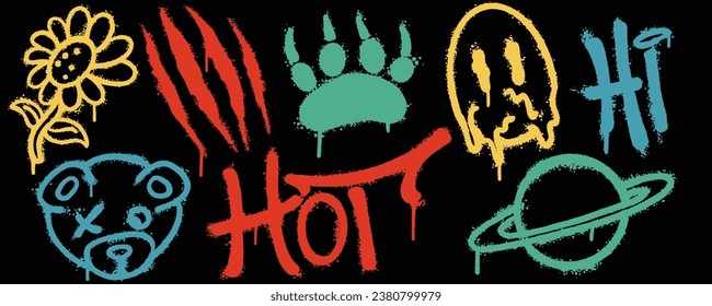 Set graffiti color spray paint. Collection of flower, hi, planet saturn, hot, bear Isolated Vector