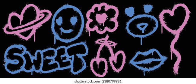 Set graffiti color spray paint. Collection of love, smile, flower, cherry, sweet Isolated Vector svg