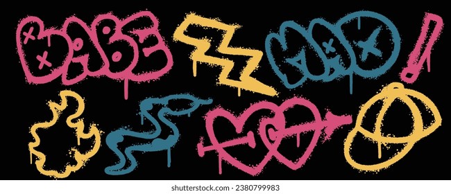 Set graffiti color spray paint. Collection of babe, lightning, had, snake, fire, hat Isolated Vector