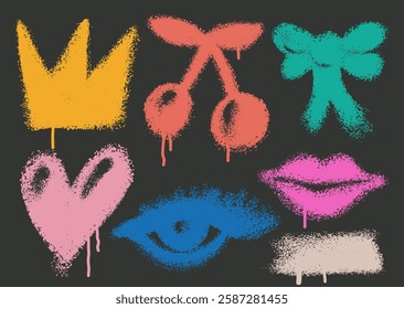 Set of graffiti colored spray paint icons. Grunge and dirty decoration crown, cherry, bow, heart, eye, lips design elements for banner, flyer, cards, poster, collages and ads. Vector graffiti icons.