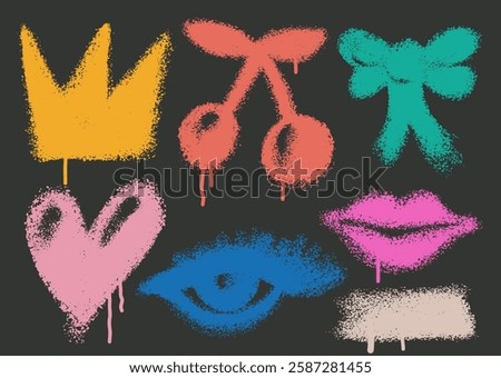 Set of graffiti colored spray paint icons. Grunge and dirty decoration crown, cherry, bow, heart, eye, lips design elements for banner, flyer, cards, poster, collages and ads. Vector graffiti icons.