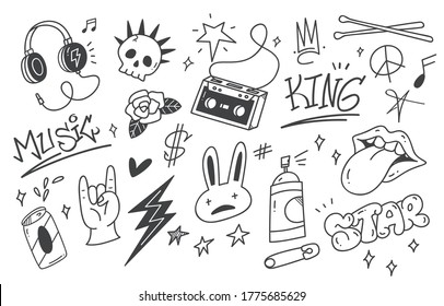 Set of graffiti doodle, punk music hand drawn scribble 