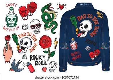 A set of graffiti doodles and badges to draw or embroider on to fashion items like denim jackets. Vector illustrations.
