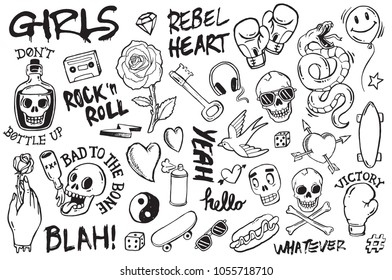 A set of graffiti doodles suitable for decoration, bagdes, stickers or embroidery. Vector illustrations.