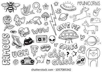 A set of graffiti doodles suitable for decoration, bagdes, stickers or embroidery. Vector illustrations.
