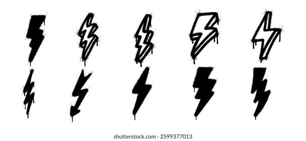 Set of Graffiti electric lightning bolt symbol Sprayed isolated with a white background. graffiti electric lightning bolt icon   with over spray in black over white. Vector illustration.