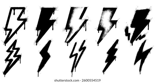 Set of Graffiti electric lightning bolt symbol Sprayed isolated with a white background. graffiti electric lightning bolt icon   with over spray in black over white. Vector illustration.