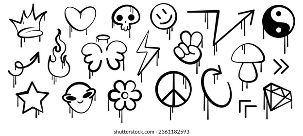 Set of graffiti elements with dripping paint and spray effect. Logo street art. Trendy graffiti elements, skull, emoji,wings,heart,arrows,flower,alien.Vector illustration