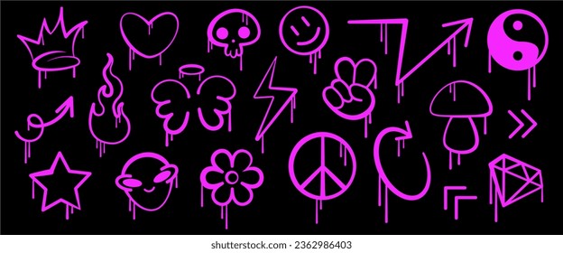 Set of graffiti elements with dripping paint and spray effect.Isolated on black background. Logo street art. Trendy graffiti elements, skull, emoji,wings,heart,arrows,flower,alien.Vector illustration