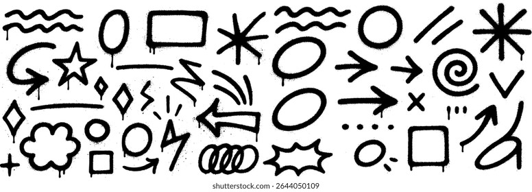 A set of graffiti elements of emphasis element at y2k style. Spray paints rockstar icons. Vector black illustration isolated at the white background.