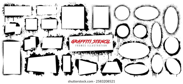 Set of graffiti frame background, grunge stencil, watercolor drip, dirty paint brush stroke border silhouette, paper texture banner, doodle ink splash or spray and text message box. Graffiti stencil.