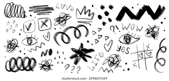 Set of graffiti girly style collage elements. Hand drawn charcoal doodle collection. Pencil drawn shapes of crown, sribbles, squiggles, calligraphy words, eyes on white backdrop.