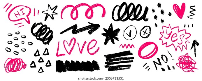 Set of graffiti girly style collage elements. Hand drawn charcoal doodle collection. Pencil drawn shapes of arrow, sribbles, squiggles, calligraphy words on white backdrop.