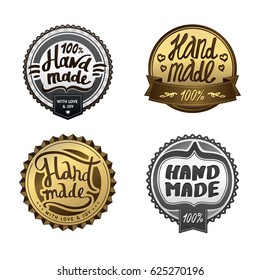 Set of graffiti handmade badges, labels and logo elements, vintage symbols. Handwritten isolated gold and silver illustrations can be used on soap, chocolate, scrapbooks, ceramics, knitwear goods
